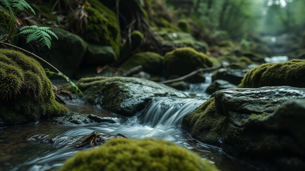 IMG_11 Detailed view of forest vegetation, moss and ferns on damp rocks, soft water flow, captured in a temperate European woodland, cinematic photography.