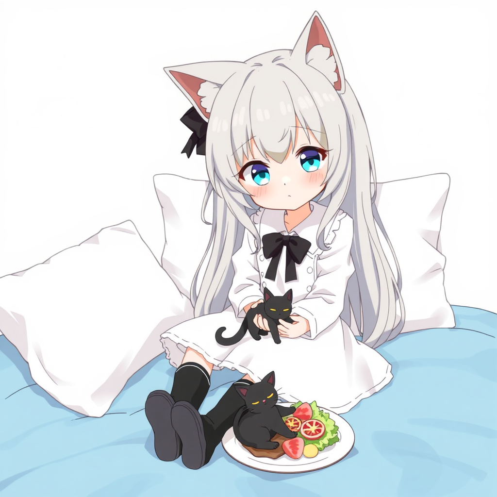 The image is an illustration of a young girl with long grey hair and cat ears on her head. She is sitting on a bed with white pillows and a blue blanket. The girl is wearing a white dress with a black bowtie and black boots. She has blue eyes and is holding a small black cat in her hand. In front of her, there is a plate of food with a cat on it. The background is a light blue sky with white clouds. The overall mood of the image is peaceful and serene.