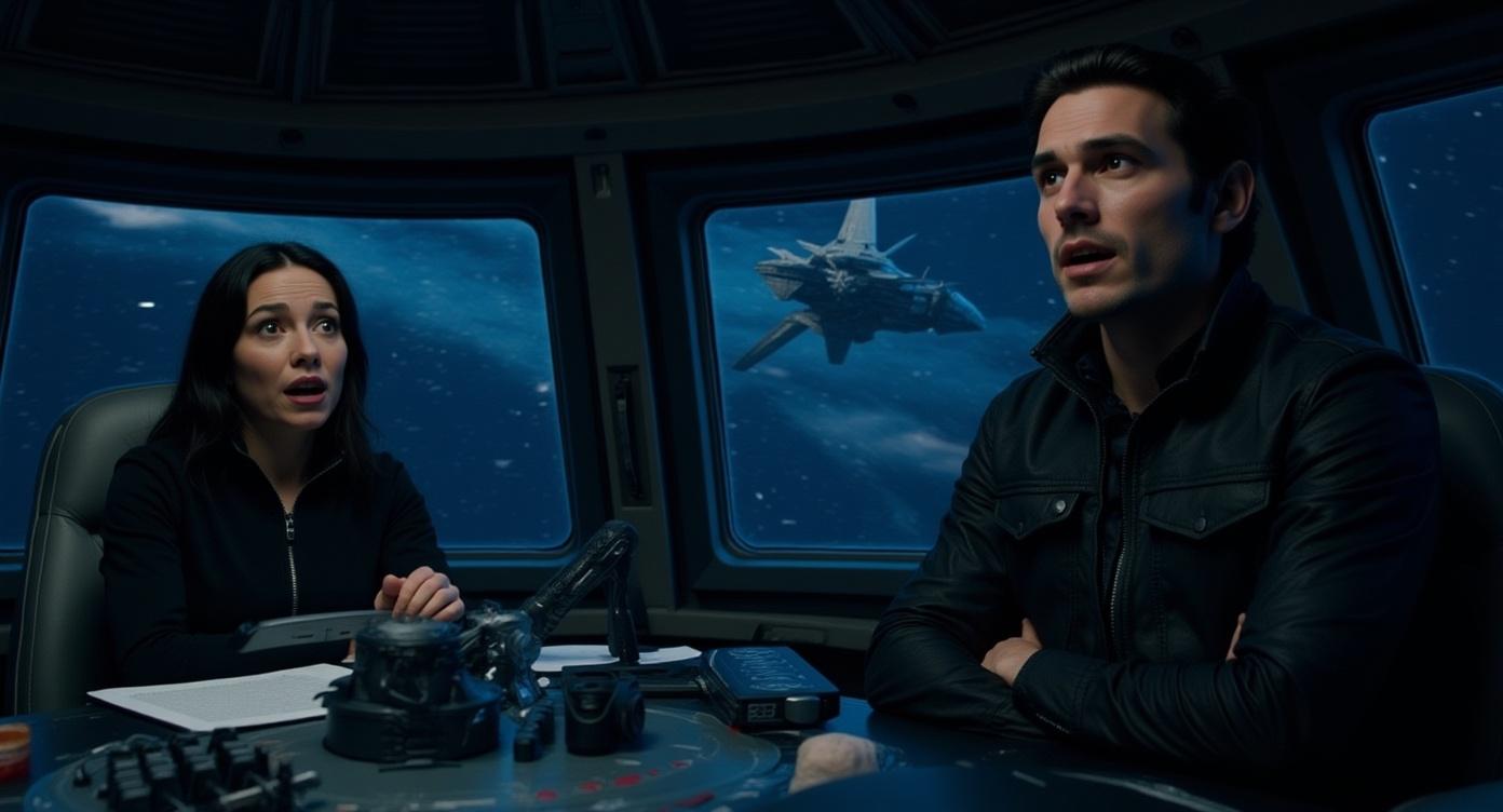 16x9 image, Liora training pilots in a hangar, her ship spiraling, Zane watching in awe..