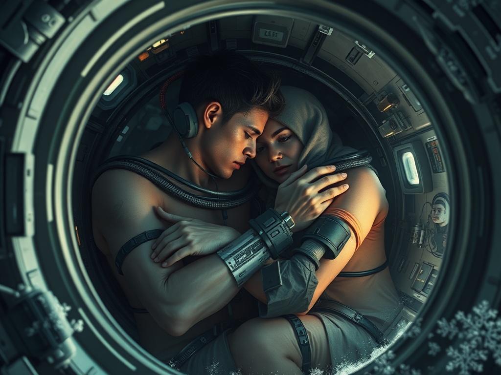 A realistic science fiction illustration of survival. Inside a tiny orbital capsule, two human figures—a young man and a woman—are huddled together for warmth and survival. Their skin is partially visible, but parts of their bodies are obscured by oxygen tubes, nutrient dispensers, and waste recycling devices. The entire figure appears vulnerable yet determined, illuminated by the dim light streaming through the porthole. Frost coats the capsule's windows, but not the people inside, as they huddle together in the tight, elongated space, warming themselves. Electronics glow dimly, and the atmosphere is tense, emphasizing the necessity of survival in the freezing vacuum of space.
