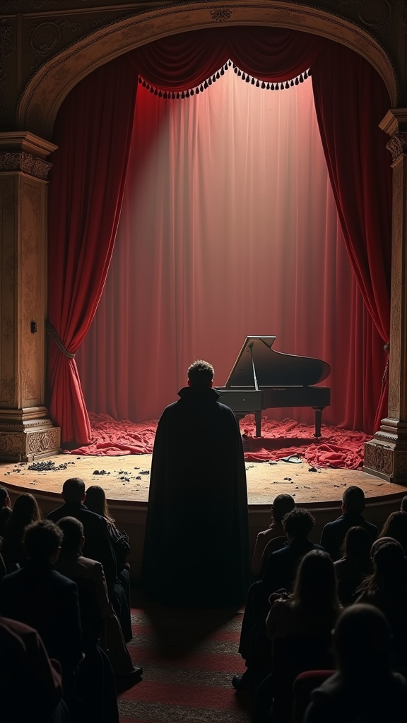 Crumbling velvet theater with a collapsing stage. Artist in a high-collared cloak faces away, only ringed fingers on a broken piano visible. Foreground — silhouetted audience in Victorian masks, frozen mid-motion. Walls — living shadows with no light source.