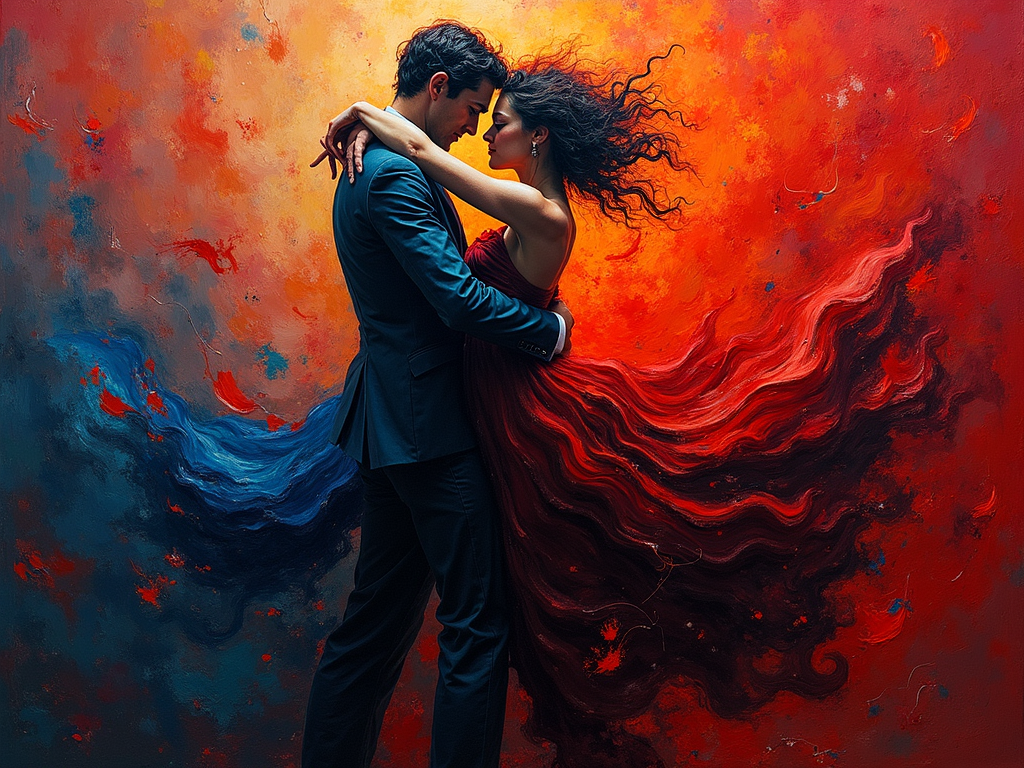 A passionate embrace, rendered in a vibrant, chaotic Expressionist style reminiscent of Kirchner, with swirling crimson and cobalt hues, distorted figures locked in a desperate, swirling dance, conveying raw, untamed emotion; a whirlwind of color and movement, capturing a fleeting moment of intense intimacy, bathed in harsh, dramatic lighting, reflecting the turbulent energy of early 20th-century Berlin.
