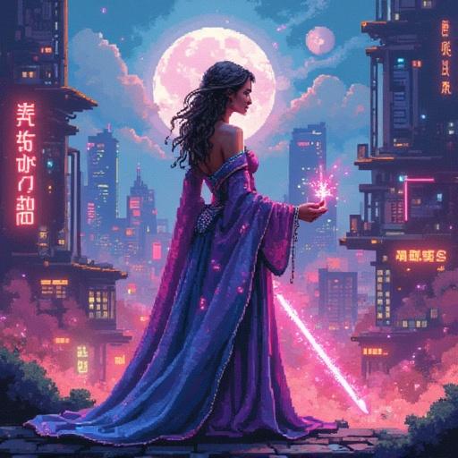 A breathtaking female sorcerer, adorned in shimmering, iridescent robes, stands amidst a neon-drenched, cyberpunk-infused post-fantasy cityscape; pixel art, 16-bit, vibrant hues, intricate details, evocative of a retro-futuristic, magical metropolis, radiating power and serenity.
