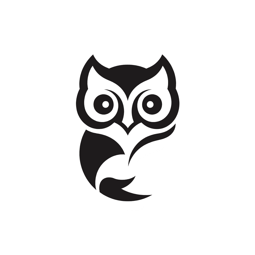 owl-fox hybrid logo, minimalist, combine wisdom and cunning, owl eyes prominent, fox ears and subtle snout, negative-space tail or book element, flat vector, 2-color palette, high contrast, scalable, simple geometric lines, symmetry with subtle asymmetry, vector, geometric shapes, clean strokes, no gradients, readable at 16x16, modern friendly --ar 1:1