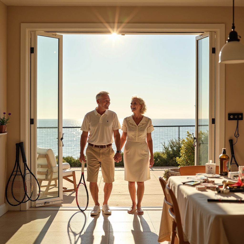 A jubilant golden-anniversary couple, their seaside home a backdrop;  sun-drenched patio,  tennis rackets leaning against a wall,  cards scattered on a table,  construction tools subtly present.