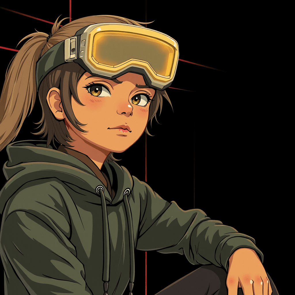 Create a design in a digital illustration style inspired by the attached profile image. Use a semi-realistic, slightly stylized approach with high contrast and sharp details. The human subject should appear with a dark green hoodie and a black face covering. The yellow glowing goggles should emit a soft ambient light that subtly reflects on the surrounding fabric. Background should feature a deep red gradient with faint grid lines, creating a tech-inspired, slightly dystopian atmosphere. Maintain a sense of depth and soft shadows around the hood to add volume. Keep the texture of the hoodie realistic, with visible fabric grain. Use the same facial structure and expression exactly as in the attached profile image, with "the same face as in the attached profile picture, without any changes to facial features or expression." Lighting should emphasize the glow effect from the goggles while keeping the rest of the face slightly obscured for a dramatic look. Final image should be in ultra-high resolution (4K), aspect ratio 1:1, suitable for use as a profile image or avatar.