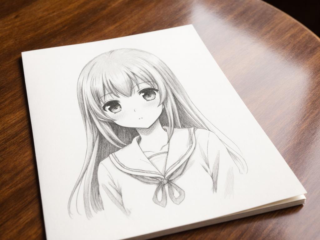 A hand-drawn pencil sketch of Akeno Himejima, a vibrant anime girl, rests on a smooth, polished wooden table; the style is reminiscent of classic manga illustrations, slightly imperfect yet charming, avoiding excessive cartoonishness or hyperrealism, capturing a candid, intimate moment.
