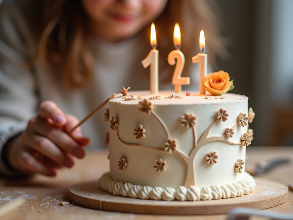 create a person creating wooden Arti crafts, and a birthday cake i front
 