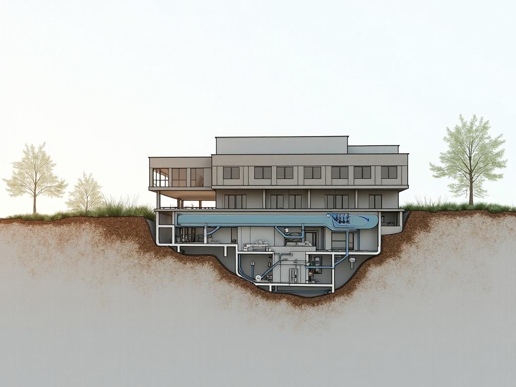 A commercial building with a geothermal system under it with a cutaway of the building and ground showing how Geothermal work. 