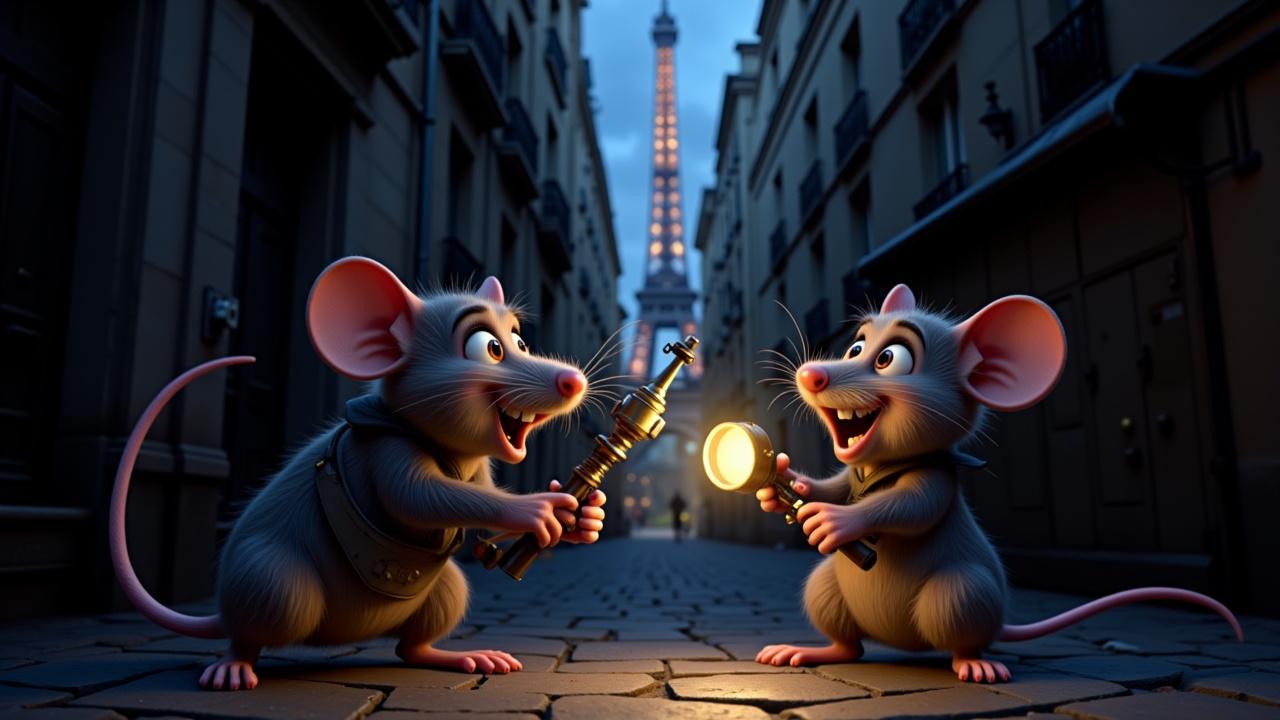 two cartoon-style rats resembling characters from a famous French cooking animation, standing in a dark Paris alley at night. One rat is holding a small handmade gadget that looks like a tiny steampunk gun or toy weapon. The other rat is holding a flashlight made from a spoon and battery. Both look focused and alert, as if on a secret mission. Background includes a dimly lit street with the Eiffel Tower faintly visible in the distance. Pixar-like lighting and expressive faces."