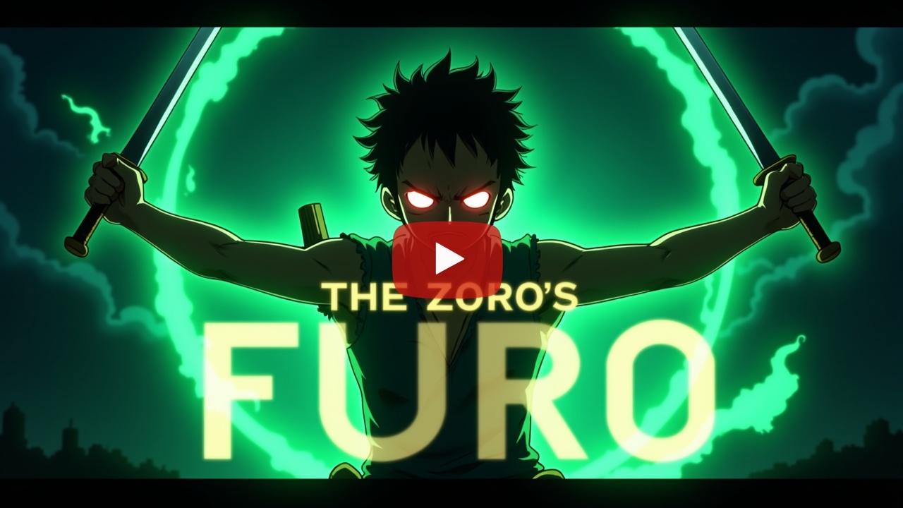 Zoro from One Piece, standing with three swords, intense green aura, dark stormy background, glowing red eyes, cinematic lighting, anime style, extremely detailed, perfect for YouTube thumbnail, 16:9 aspect ratio, high contrast, dramatic shadows, sharp focus