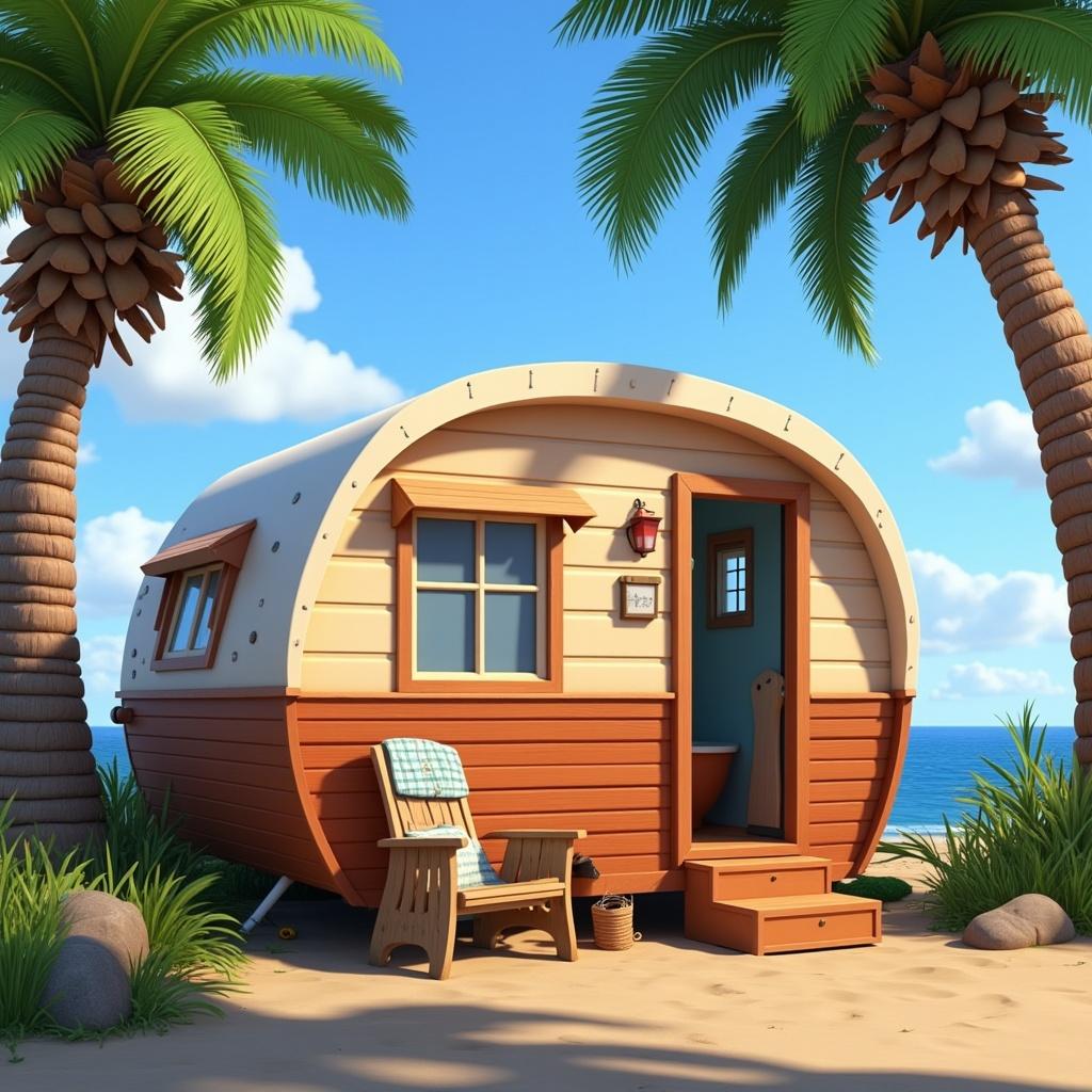 Exterior of a cozy caravan near the beach
