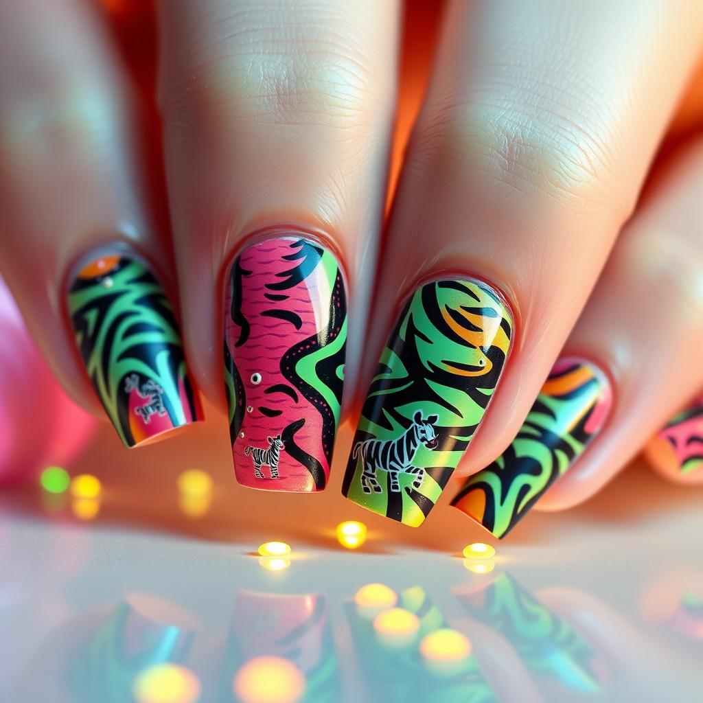 A whimsical AI-generated nail art photoshoot: vibrant Snake stripes, painted in glossy acrylics on perfectly manicured nails, tiny zebra doodles scattered across a polished, bioluminescent surface emitting a soft, ethereal glow, bathed in bright, playful Disney Pixar-style lighting, realistic rendering with a painterly touch, evoking childlike wonder and playful energy, reminiscent of a whimsical, surreal dreamscape.
