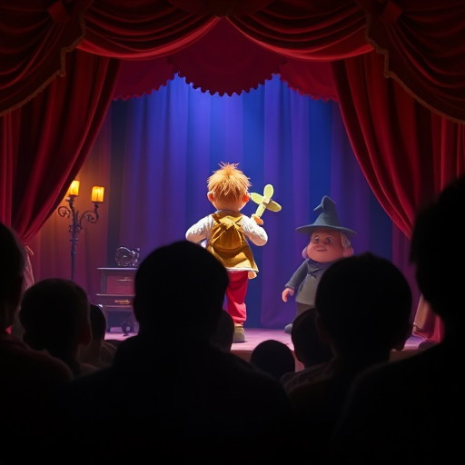 Image of a puppet show inspired by Karlsson, viewed from the audience seat, silhouettes of viewers in the foreground, on stage a bright puppet of a chubby red-haired boy with a propeller on his back, the scene decorated in a fairy-tale style, warm soft lighting, cozy atmosphere