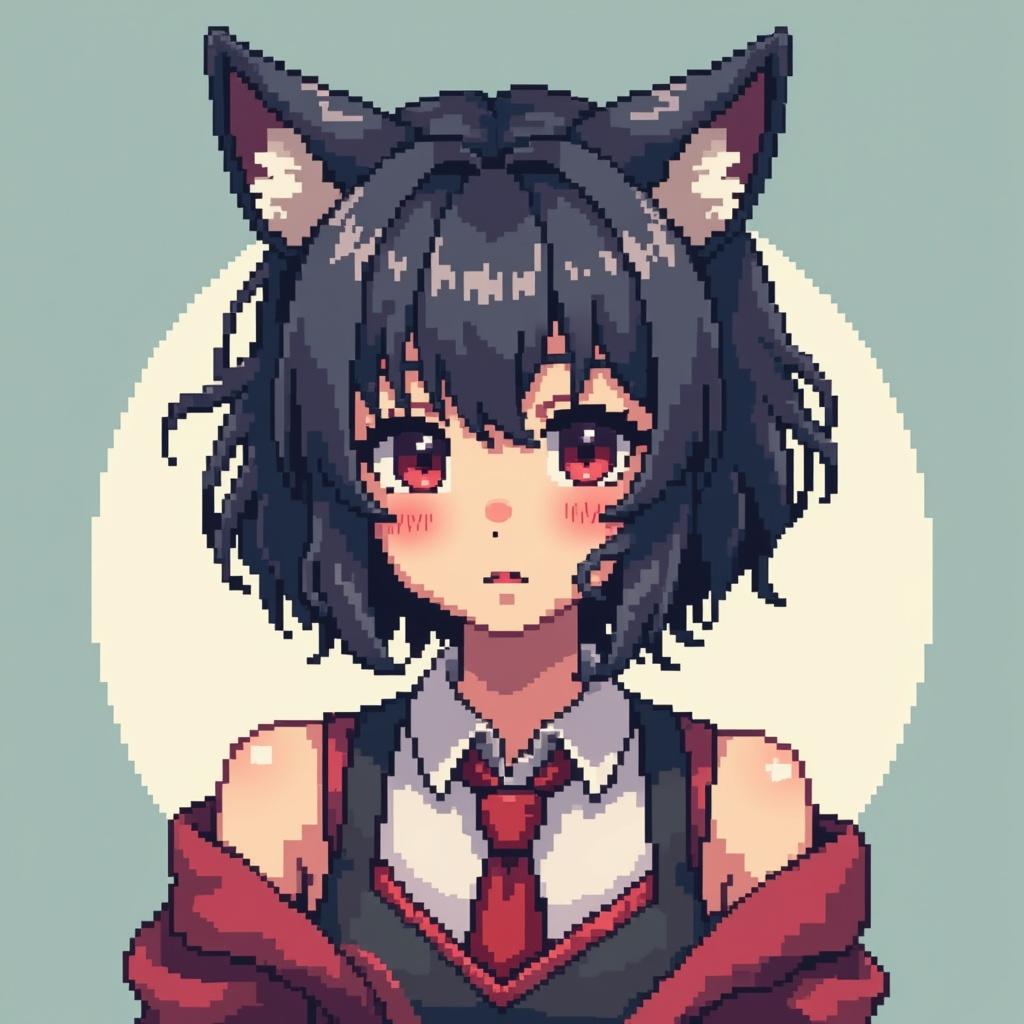 a girl anime character with a short wolf hair cut, and 


, pixel art style