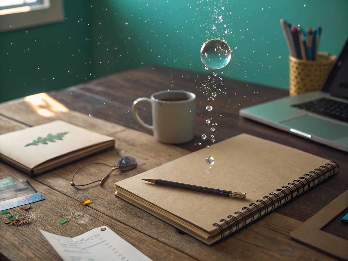 /imagine prompt: bird's-eye view, cozy artist workspace, a single water droplet falling from ceiling in midair, just about to hit a beige notebook on a wooden desk, sparkling light particles around the drop, cinematic soft lighting, teal atmosphere, warm shadows, sketchbook, laptop, mug, scattered notes and art supplies, dreamy, surreal aesthetic, no animals or people, storybook mood --ar 2:3 --v 6 --style raw --q 2
