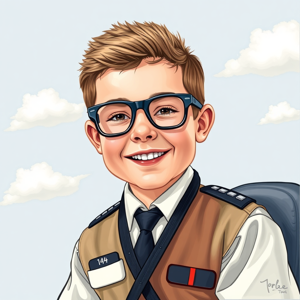 14 year boy as pilot A320 outside, colorful, art, with text Dárkový poukaz Sebbies pilotem Airbusu A320 - 60 minut 