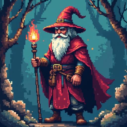 a fimale wizard in a post-fantasy world, pixel art style, 16-bit
