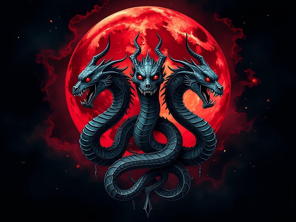 A gothic horror logo, "The Sisters of Horror," rendered in a vibrant, Art Nouveau style, features three intertwined serpentine figures, each with piercing eyes and skeletal features, against a backdrop of a blood-red moon and a swirling, inky black sky.  The logo exudes an eerie, yet elegant, atmosphere.
