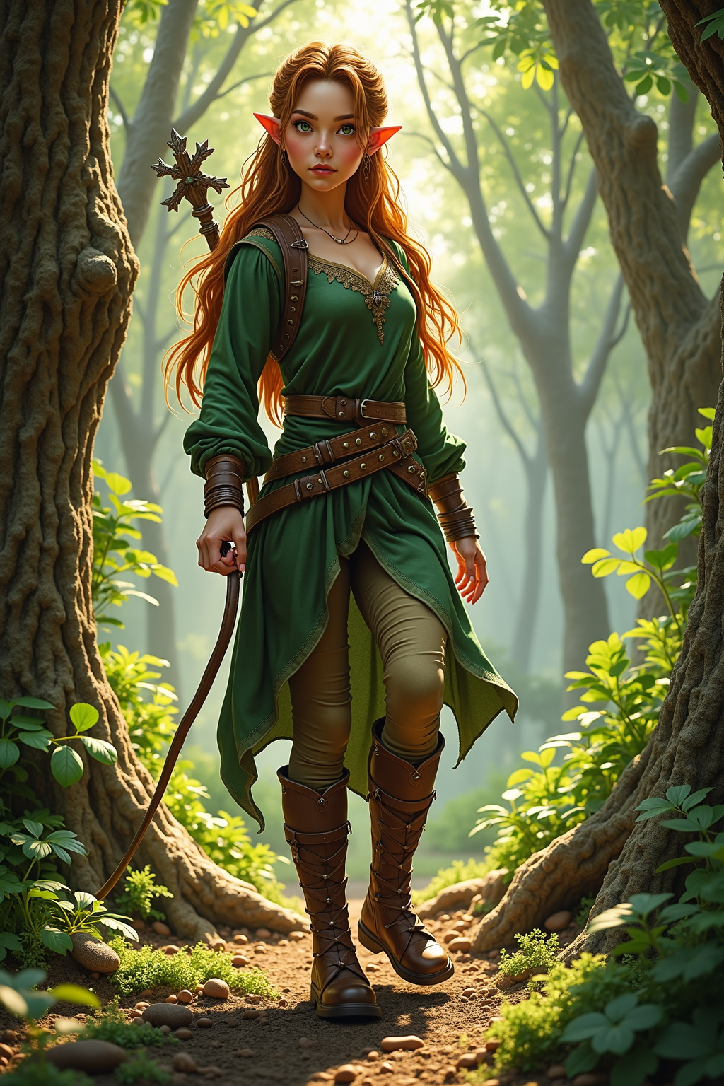 (Lira, a determined young elf maiden with strong features and vibrant, expressive eyes, begins to climb a towering, ancient oak tree, looking upward she begins climbing, her sturdy leather boots finding secure purchase on the rough, weathered bark:1.6). She ascends with careful, deliberate steps, her lean, muscular body tense with both strength and a hint of trepidation, reflected in her furrowed brow and slight, hesitant smile. 
(The light filters through the dense canopy above, casting dappled shadows on her face and highlighting her determination. The tree's bark is rough and textured, offering a stark contrast to the smooth, delicate skin of her exposed arms and hands. Each branch she reaches for seems to whisper encouragement, fueling her drive to conquer her fears and reach the summit:1.8). The scene is captured with a warm, natural light that bathes the entire setting in a golden hue, evoking a sense of hope and triumph amidst the challenge.