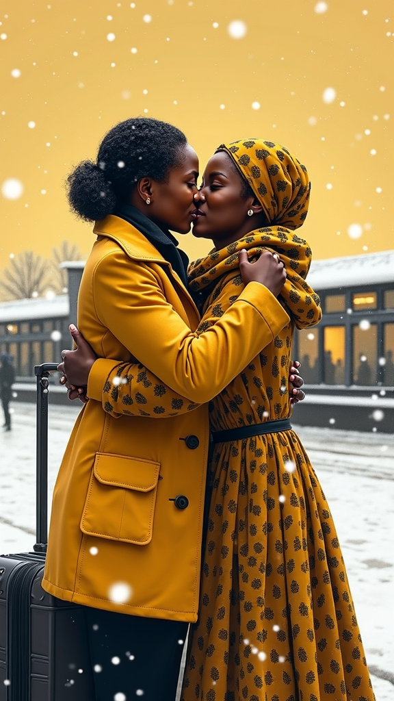 Hand-drawn hyper-realistic illustration of two African women hugging at a snowy European airport, one dressed in yellow traditional clothes with black patterns, emotional reunion, soft snowfall, background in yellow and black tones, suitcases nearby, warmth vs cold contrast, cinematic lighting, dramatic shadows
