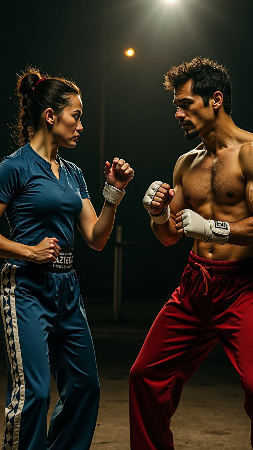 A female martial artist strikes a man in the jaw with a front kick, gracefully