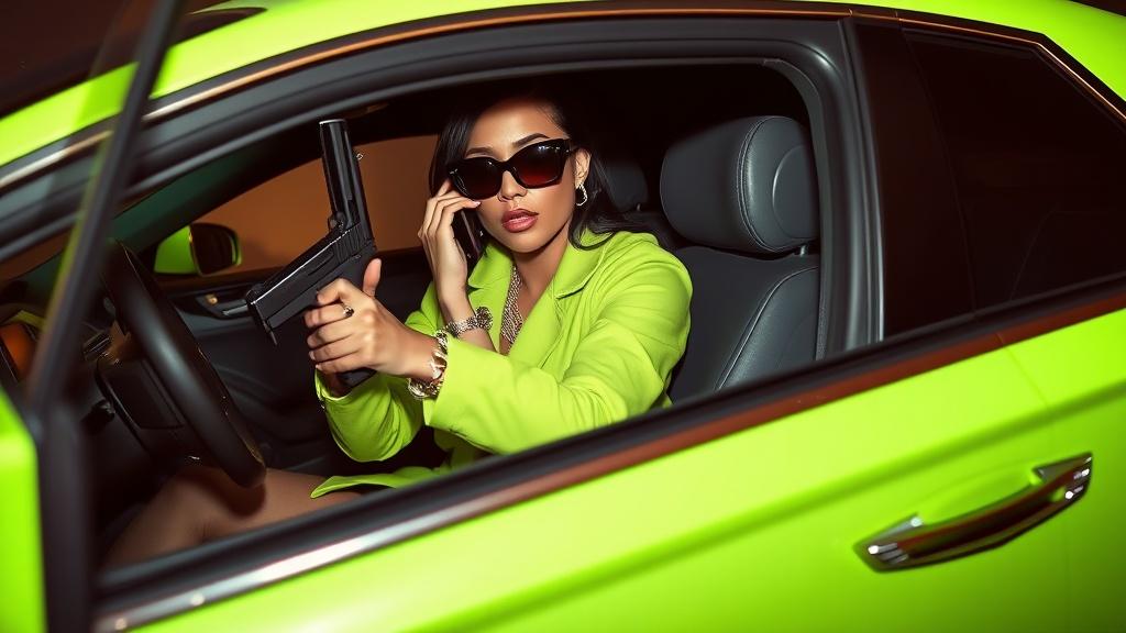 a-woman-is-sitting-inside-a-neon-green-cadillac-1lx2usgou9-1