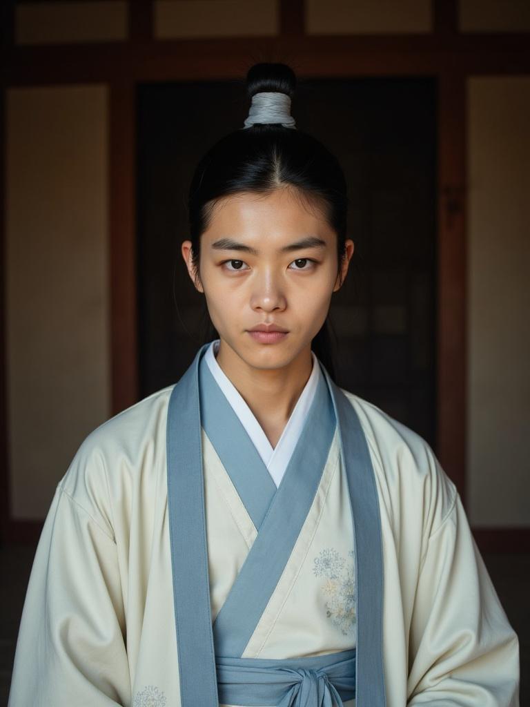 Close-up portrait of a 33-year-old young man, son of Liu Ting Yu and Huang Youming, with intense dark eyes, aquiline nose, and slender pale skin, his long black hair tied in a traditional high ponytail with grey ribbons, dressed in flowing white and pale blue robes with delicate embroidery, inside a humble Chinese hut, warm weather lighting, cinematic film still with film grain, vignette, and color grading, reminiscent of the styles of Chen Man, Wong Kar-wai, and Hou Hsiao-hsien, with a mix of traditional and elegant atmosphere.