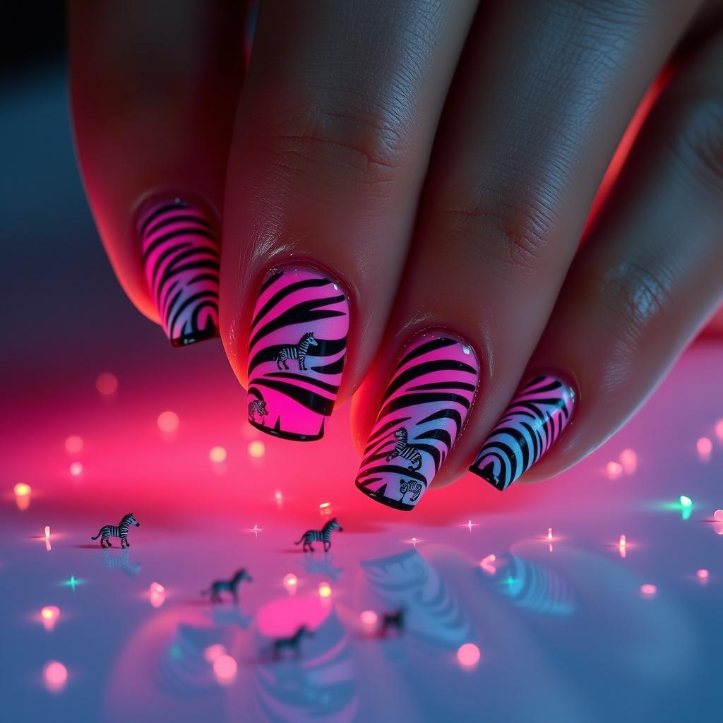 A whimsical AI-generated nail art photoshoot: vibrant zebra stripes painted in acrylics, tiny zebra doodles scattered across a polished, bioluminescent surface, soft Disney Pixar lighting, realistic rendering, random style, evoking childlike wonder and playful energy.

