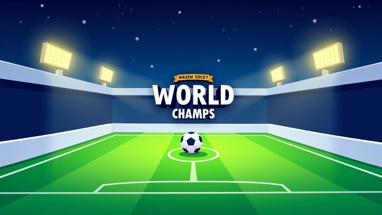 Cartoon background in the style of the game World Soccer Champs. Minimalist flat design of a football field at night with glowing stadium lights. Bright flat colors, simple shapes, clean lines, playful and eye-catching style.