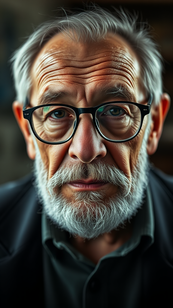 old man with glasses portrait, photo, 50mm, f1.4, natural light, Pathéchrome