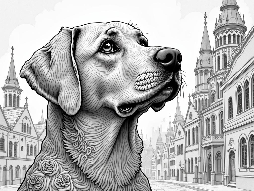 A surreal black-and-white illustration in the style of Joe Fenton: the bust of a Labrador retriever transformed into a fantastical, dreamlike creature, intricately ornamented and detailed, with organic, fairy-tale patterns embedded in its fur and eyes. The background is filled with buildings characteristic of Poznań, such as the town hall, the tenement houses of the Old Market Square, and church towers, depicted in a richly decorated, almost Gothic-surreal style. The composition is full of ornaments and abstract mandalas, a mesmerizing interplay of light and shadow, ultra-detailed, monumental, and incredibly atmospheric, 98% reminiscent of Joe Fenton's work.