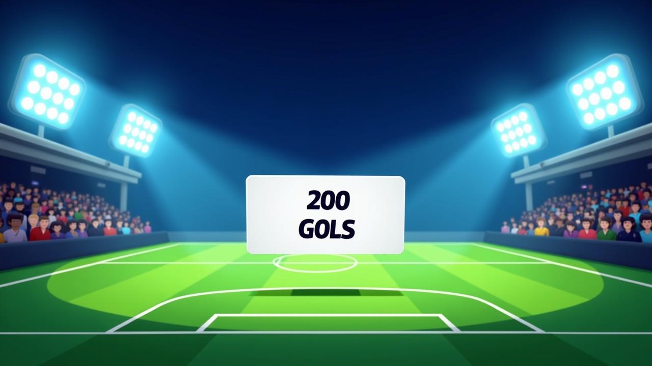 Thumbnail in the style of the game World Soccer Champs. Cartoon flat design of a football field at night with glowing stadium lights. Add bold text ‘200 GOLS’ inside a white dynamic box. Minimalist shapes, bright flat colors, clean lines, playful and simple style, eye-catching for YouTube.