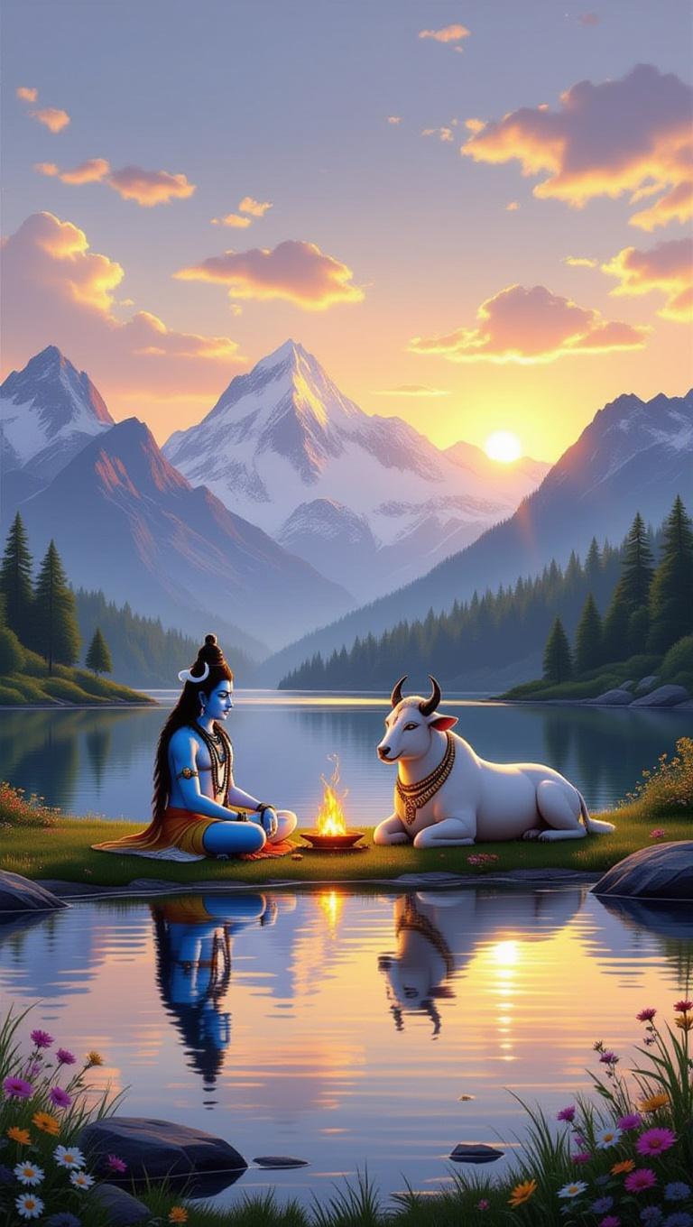 A serene lake surrounded by mountains at sunset with reflections in the waterHere's the detailed description of Lord Shiv ji, Mata Parvati ji, and Nandi bull's serene moment together:

**Background:**

 * Option 1: Sunset over majestic Himalayan mountains with warm golden light
 * Option 2: Peaceful lush green forest with towering trees and wildflowers
 * Option 3: Serene Kailash mountain range with snow-capped peaks and cloudy sky
 * Option 4: Divine golden aura with subtle sparks and soft, white cloudy texture

**Atmosphere:**

 * Peaceful and serene with subtle divine energy sparks
 * Soft, gentle breeze rustling leaves and Mata Parvati's saree
 * Warm golden light illuminating faces and surroundings

**Lord Shiv ji:**

 * Standing tall with divine grace, facing forward
 * Complexion: Serene, pale blue-gray skin tone with subtle golden undertones
 * Hair: 
 - Option 1: Matted, dark brown locks cascading down back like a waterfall
 - Option 2: Neatly tied top knot with few loose strands framing face
 * Eyes: Piercing brown gaze filled with kindness
 * Facial expression: Calm, gentle smile playing on lips
 * Attire: