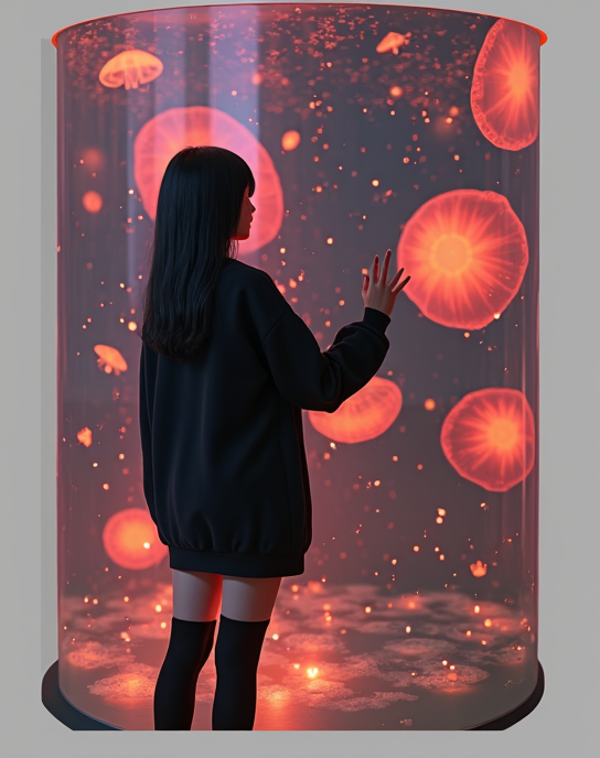 A beautiful, realistic young woman, around 18 years old, with long straight black hair and a skinny figure, standing with her back to the viewer in front of a single large cylindrical jellyfish tank. She is gently touching the curved glass with one hand. Her face is not visible. She is wearing a long oversized plain black sweatshirt (no hood, no logos), a black skirt, and black thigh-high socks. Inside the tank, glowing jellyfish float in surreal red and purple water, like a dreamy sunset. Soft ambient lighting, delicate reflections on the curved glass, cinematic mood, magical color tones, photorealistic texture, ultra-detailed environment, shallow depth of field, soft bokeh, ultra high 4K resolution.

