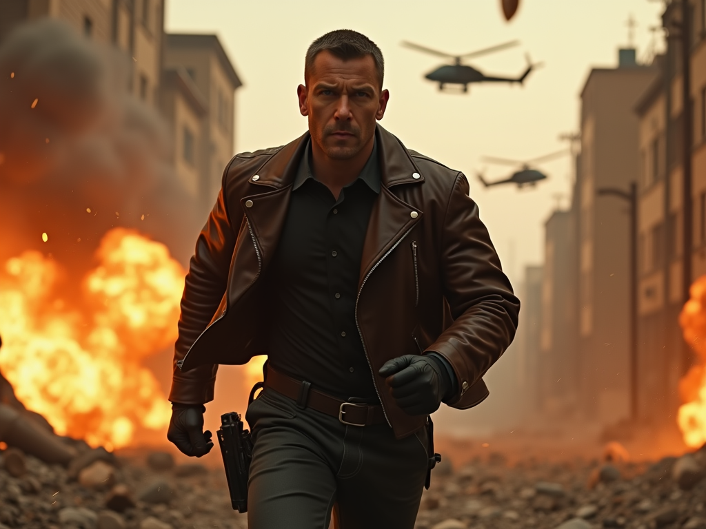 

A high-octane Hollywood action movie scene featuring a heroic male protagonist in a leather jacket and tactical gear, running through an urban battlefield with explosions in the background. Helicopters flying overhead, debris flying, dramatic cinematic lighting, high detail, realistic style, 4K ultra-HD, shot with a wide-angle lens. The character has a serious, intense expression (not smiling), in a fully realistic action mood. Cinematic color grading, motion blur on fast elements, intense and dynamic atmosphere.