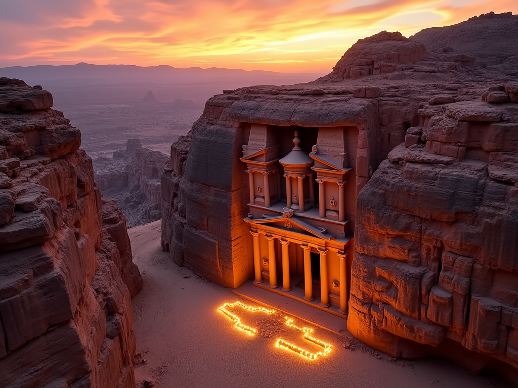 Dramatic aerial view of Petra Treasury at dawn