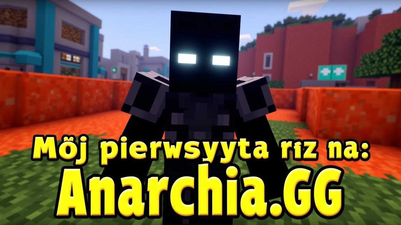 Minecraft thumbnail, 1280x720 resolution, 16:9 ratio, realistic Minecraft screenshot style with shaders, vibrant lighting and natural shadows, colorful blocks background (red nether blocks, orange and yellow sand, blue structures, green grass, tree), central character in full iron armor (helmet, chestplate, leggings, boots), character is black-skinned humanoid with glowing white eyes (Minecraft skin), dynamic pose similar to walking or running forward, bright and vivid colors, Polish text at the bottom in bold pixelated font with black outline: "Mój pierwszy raz na" on first line, "Anarchia.GG" on second line, the word "GG" in yellow color, the rest in white, text centered at bottom, composition like YouTube thumbnail, high quality, ultra sharp
