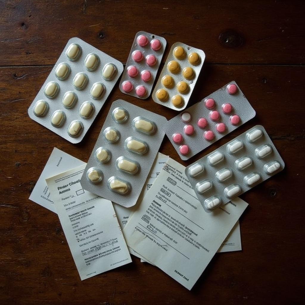 An overhead view of a dark hazel-colored table on which are several blisters of tablets of various shapes. There are no names. Several papers peek out from under the blisters - pharmacy forms
