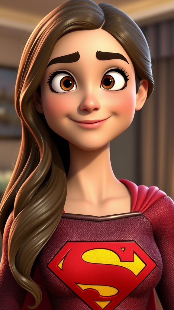 A semi-realistic 3D digital painting of a young woman resembling Supergirl, styled in Pixar or Disney animation style. She has long, wavy brown hair and expressive, slightly raised eyebrows. Her facial expression is playful yet innocent, with a knowing smirk and a “what can I say?” shrug. She wears a detailed, modern version of the Supergirl costume with a red and yellow 'S' emblem prominently on her chest. The suit is textured with realistic fabric detail, slightly shimmering under soft lighting. The background is softly blurred, suggesting an indoor evening scene with a hint of a cozy room. Her skin has a soft glow, and the lighting highlights her face and costume beautifully. Shot as a close-up portrait at eye-level, with a focus on emotion and Pixar-like charm.

Style: Pixar-style 3D realism, semi-cartoonish  
Mood: Playful, slightly sarcastic, confident  
Lighting: Soft, indoor lighting with warm tones  
Environment: Dimly lit indoor background (blurred)  
Camera: Close-up portrait, eye-level angle