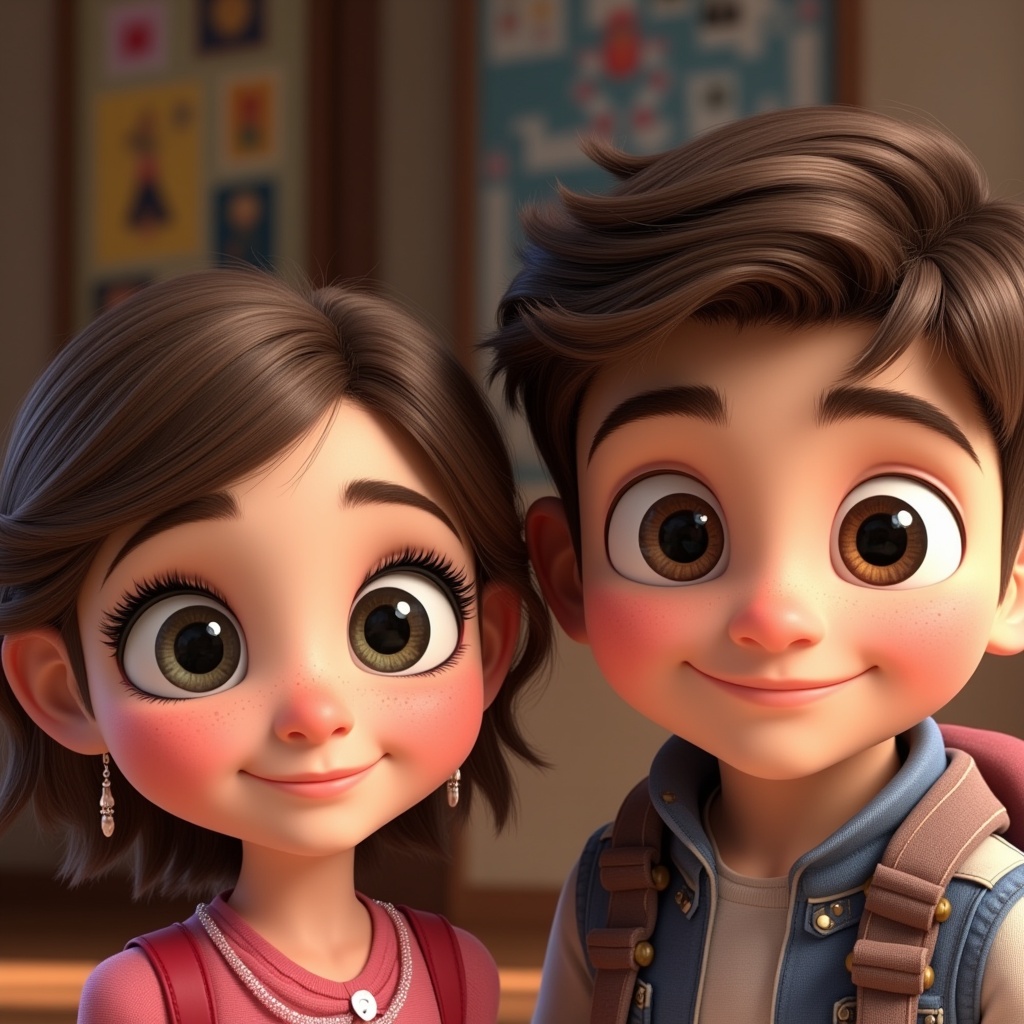 two cute girls and two boys with big expressive eyes, disney pixar style
