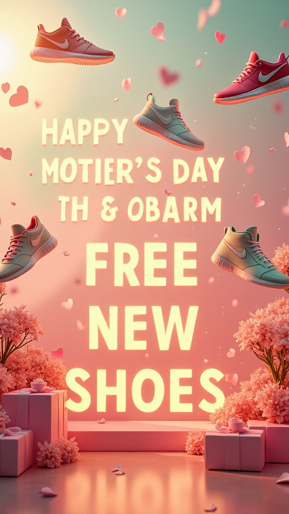 A bright, festive Whatnot thumbnail for a special Mother’s Day sneaker show, featuring the phrases “HAPPY MOTHER’S DAY” and “FREE NEW SHOES” in large, glowing letters. The text is styled in elegant, spring-themed colors like soft pink, pastel green, white, and gold, blending warmth and excitement.

The background includes floating Nike and Jordan sneakers, surrounded by flowers, sparkles, heart-shaped light flares, and gift boxes, all under soft daylight or a golden glow. The atmosphere is joyful and premium, celebrating moms with a fun, energetic vibe while staying true to HGB Kicks' branding.

