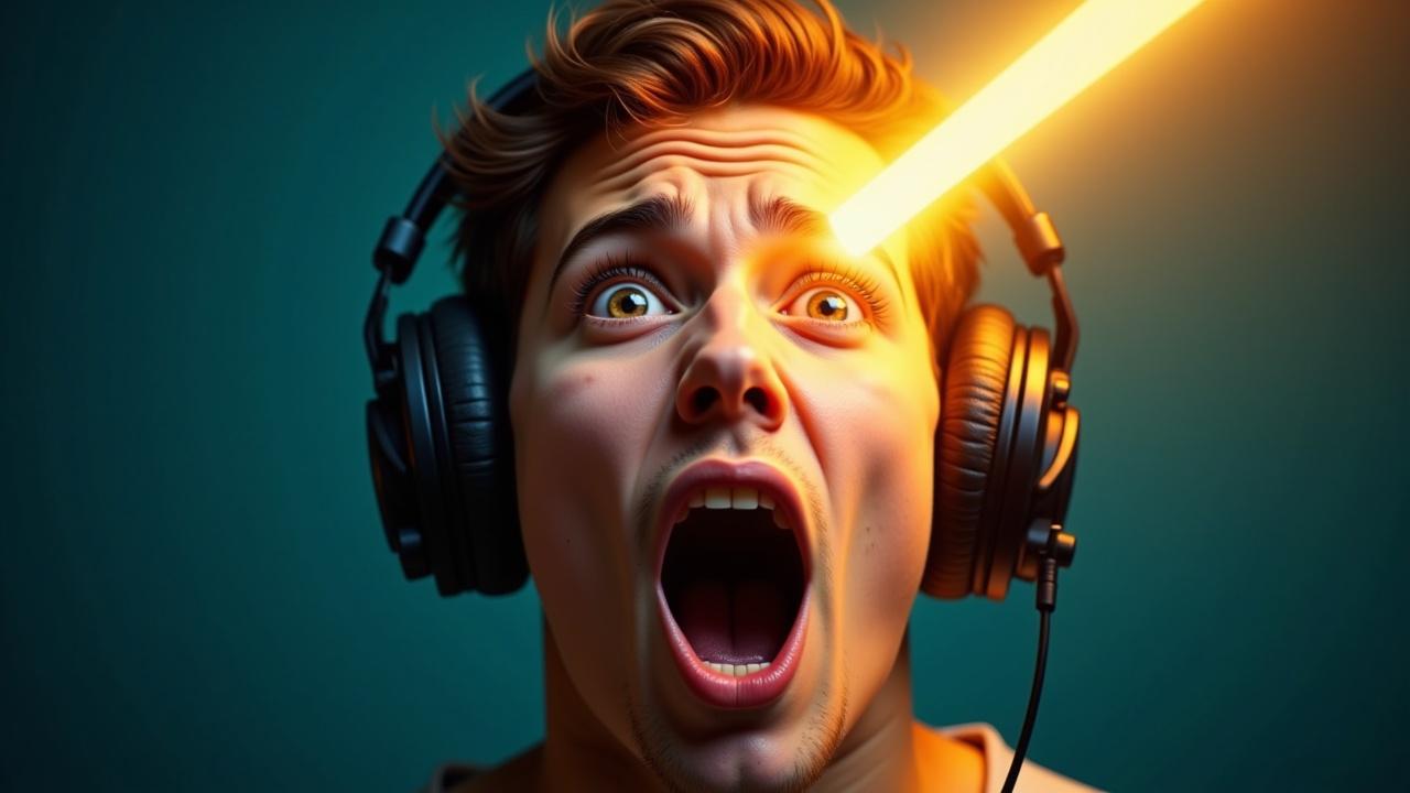 Un joven con una expresión dramática de asombro y lucha. Un par de audífonos modernos y oscuros están siendo arrancados de su cabeza por una fuerza invisible, mientras un rayo de luz pura y dorada golpea su rostro, iluminando sus ojos con esperanza. Título: "El poder espiritual de la música - ¿Simple diversión o una guerra por tu alma?"