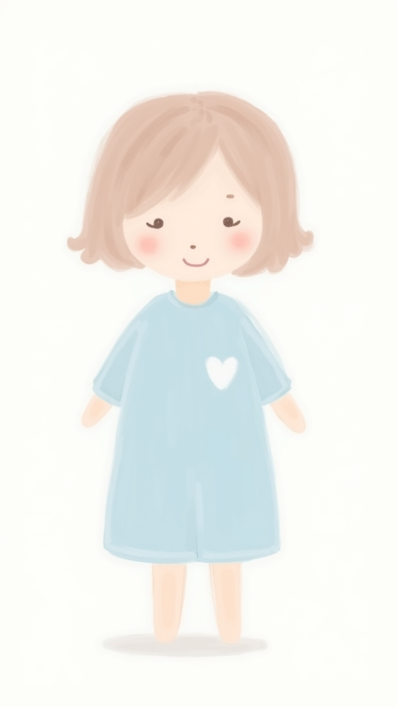 A simple, cute hand-drawn style illustration of a warm and emotional atmosphere. A girl with a gentle expression wearing a sky-blue outfit, standing on a white background. The overall tone is soft, cozy, and heartwarming, with pastel colors. The character should have a delicate, whimsical vibe, with soft lines and subtle shading.