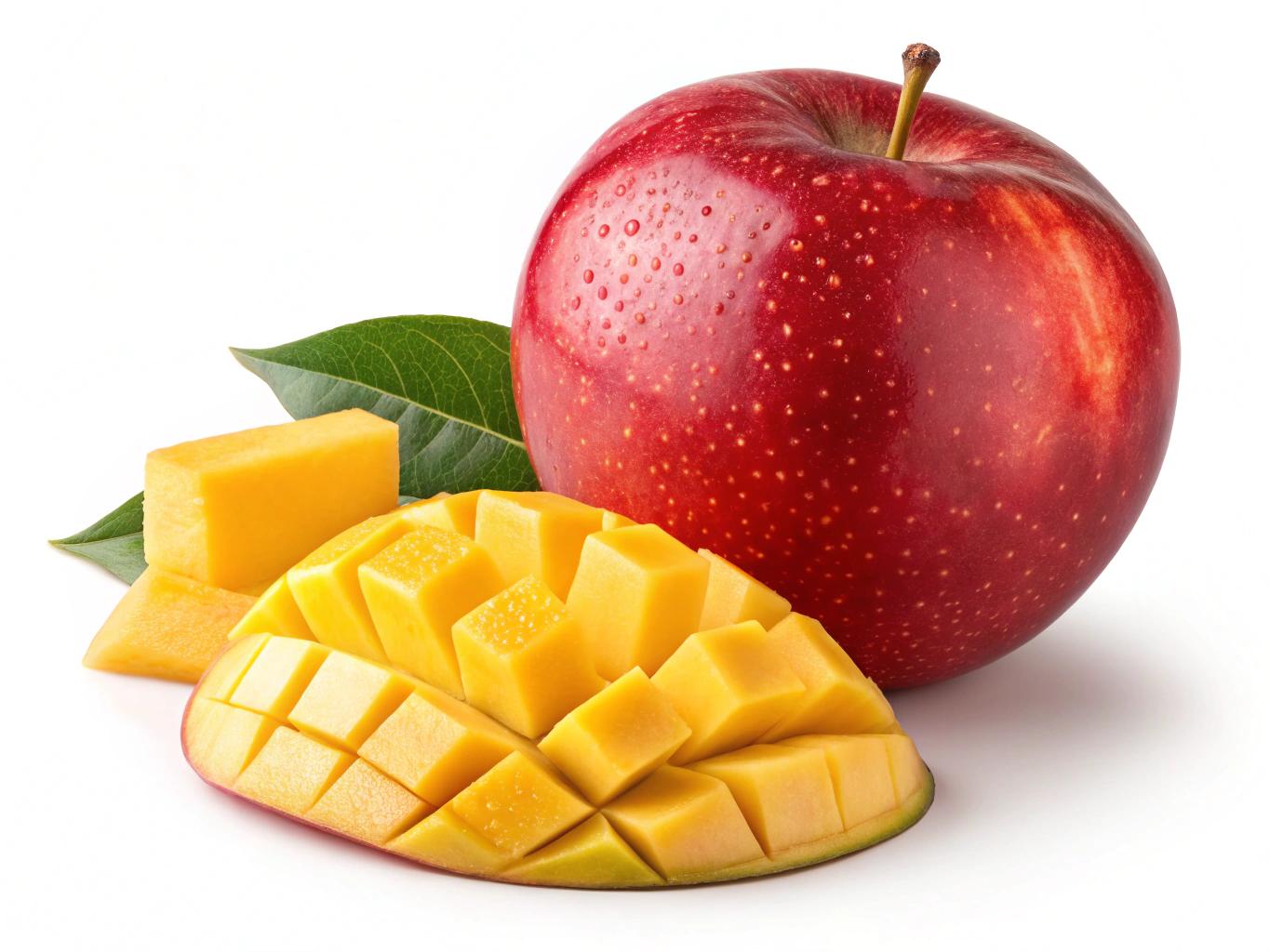 A fresh, vibrant red apple. soft light, highlighting its natural texture and deep red hue with subtle yellow speckles. In front of the apple, a few pieces of mango are neatly arranged, showcasing their rich golden-yellow color and juicy texture. The composition is clean and minimalistic, with a pure white background enhancing the fruit’s natural beauty and freshness.