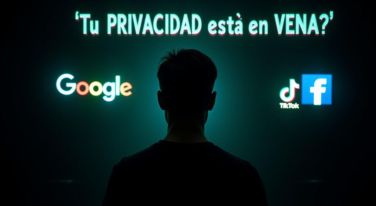 Una imagen impactante y misteriosa que combine elementos de vigilancia digital y redes sociales. Mostrar una gran silueta de una persona (de espaldas) rodeada de logos de Google, TikTok y Facebook flotando alrededor, como si estuvieran 'observando' o 'escaneando' a la persona. Los logos deben verse iluminados de manera inquietante, con tonos oscuros y sombras. El fondo debe ser oscuro, casi negro, con algunos destellos de luz verde o azul (simulando tecnología y datos). En la parte superior, el texto en letras grandes y llamativas: '¿Tu PRIVACIDAD está en VENTA?' con un efecto de glitch o distorsión, para aumentar el misterio. Un estilo visual que grite misterio y alerta.
