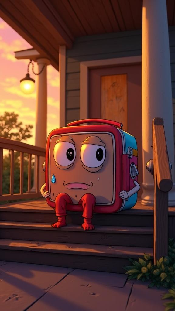"Create a heartfelt Pixar-style animated scene of a lunchbox sitting alone on the wooden stairs of its small front porch at dusk. The lunchbox’s bright colors are slightly faded, its stickers peeling at the edges. It sits hunched over, arms resting on its knees, with large, glassy cartoon eyes welling up with tears. A single tear rolls down its cheek, catching the warm orange glow of the setting sun. The background is quiet — a soft breeze moves the porch light chain, and distant crickets chirp. The lunchbox looks directly at the viewer with a mixture of sadness and longing, as if silently asking for understanding. The lighting is warm but gentle, casting soft shadows that make the scene feel intimate and emotional."