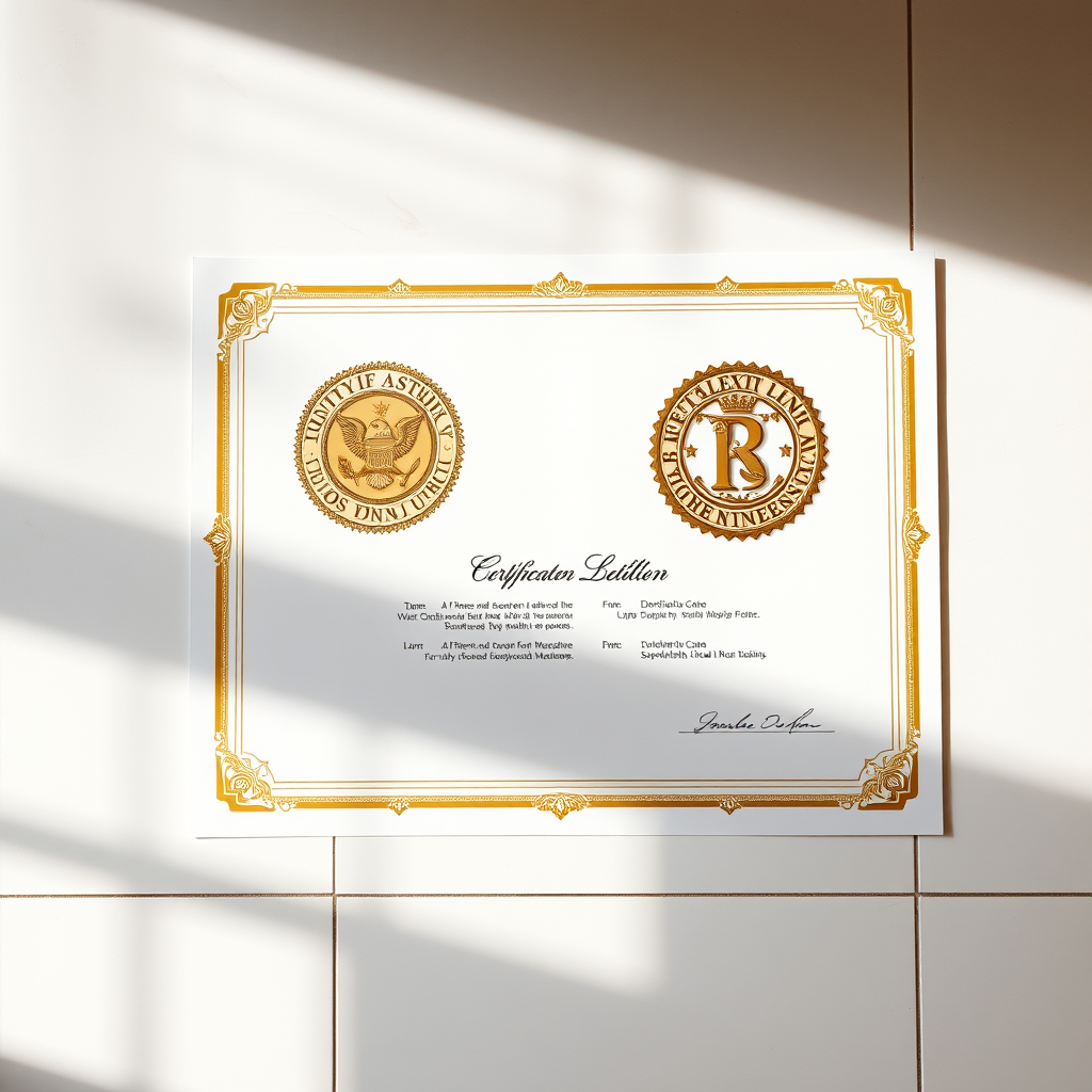 Gold jewelry certificate lying on white floor, shot from above. Clean white paper with prominent, large official seals dominating the design. Gold ornate border frames the document. Crisp black text beneath the bold seals. Natural shadows cast on floor surface. Professional overhead lighting.