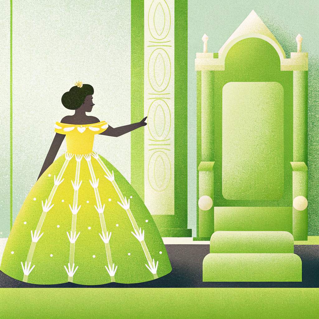 A beautiful girl with hair down to her waist, wearing a yellow dress studded with diamonds, standing near the throne, where she is queen.
