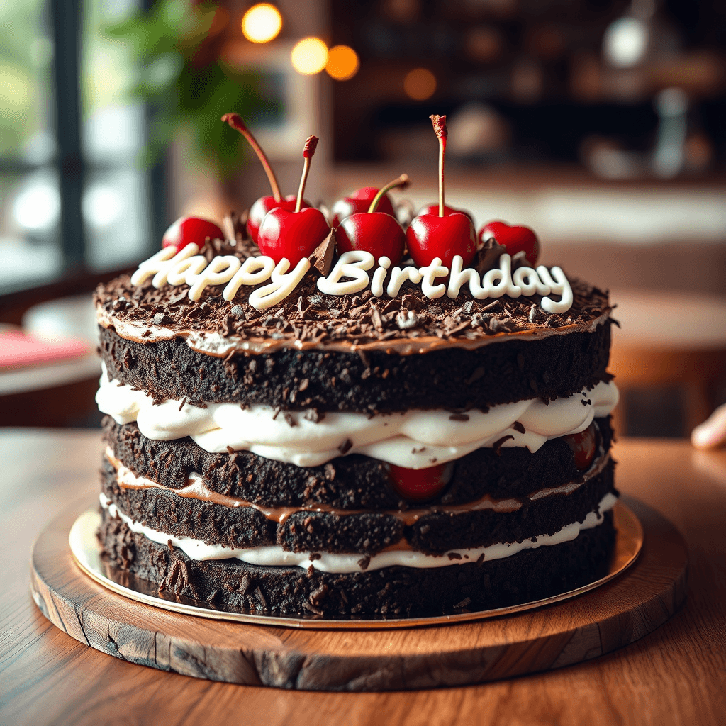 gr!llz, A rich and decadent Black Forest gateau cake sits elegantly on a wooden table, its layers of chocolate sponge, whipped cream, and cherries perfectly arranged. The top is adorned with glossy chocolate shavings and whole cherries, with the words "Happy Birthday Budi Putra Jaya" beautifully spelled out in smooth white chocolate lettering. The scene is captured in stunning food photography style, with soft, natural lighting highlighting the cake’s luscious textures. In the background, a blurred café setting adds warmth and depth, enhancing the luxurious and celebratory feel of the composition. <lora:amateurphoto-v6-forcu:0.8>